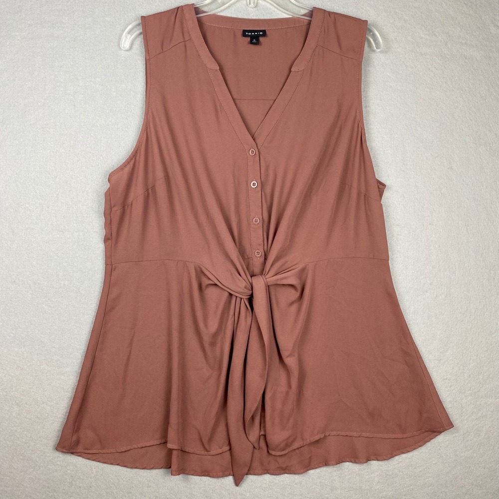 Torrid 0 Womens Size L Mauve Rose Tie Front Sleeveless V-Neck Button Blouse Top